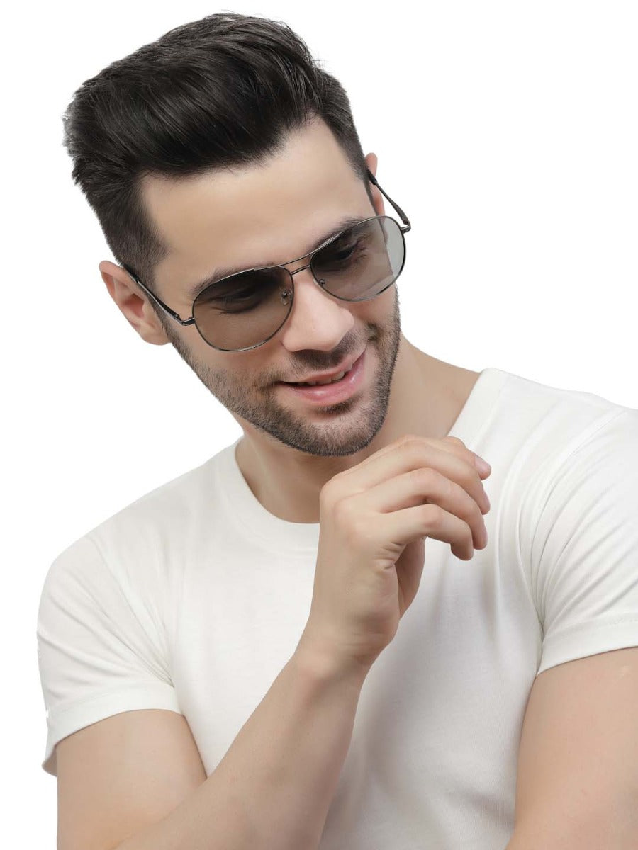 Dark Grey Black Metal UV Protected Aviator Sunglasses