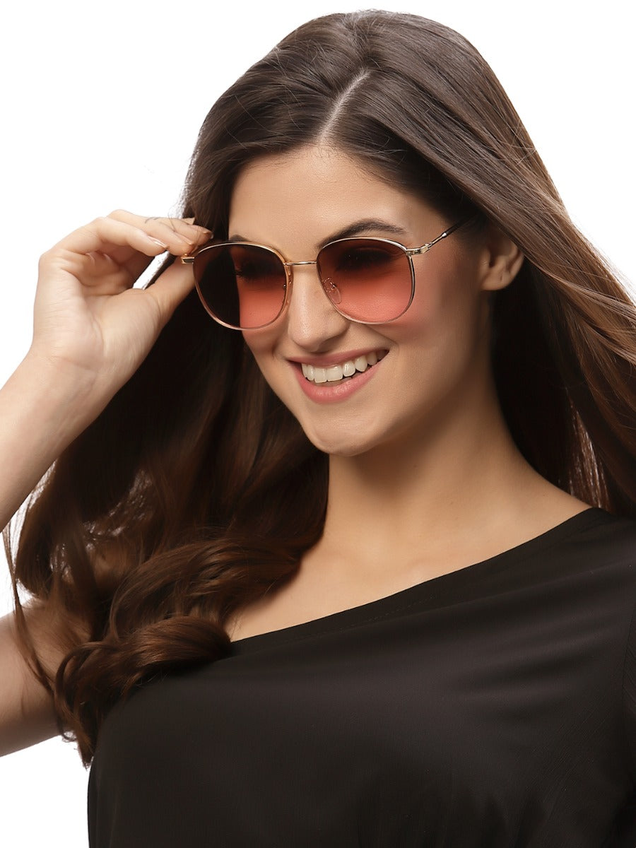 Golden Gradient Brown Pink Metal UV Sunglass for Women