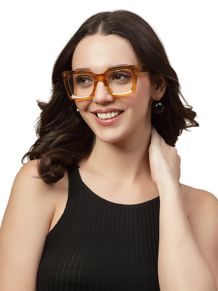 Thick Pale Yellow-Brown Full Rim Square Unisex Sleek Spectacles