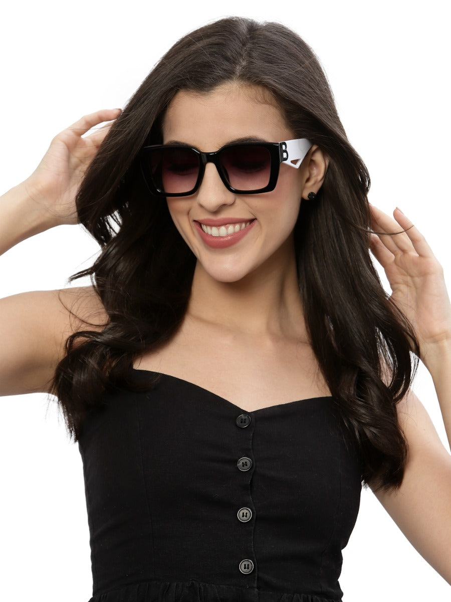 White Black Rectangle UV Sunglass for Women