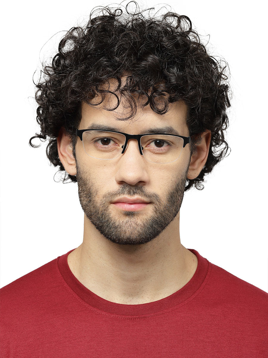 Half Rim Rectangle Thin Gloss Black Frame Glasses for Men