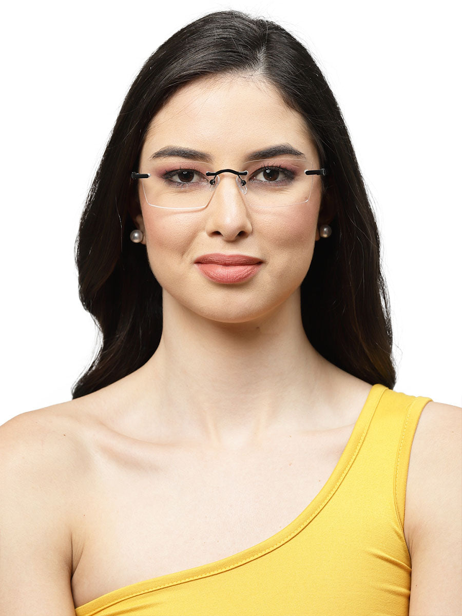 Unisex Rimless Black Rectangle Eyeglasses Frame