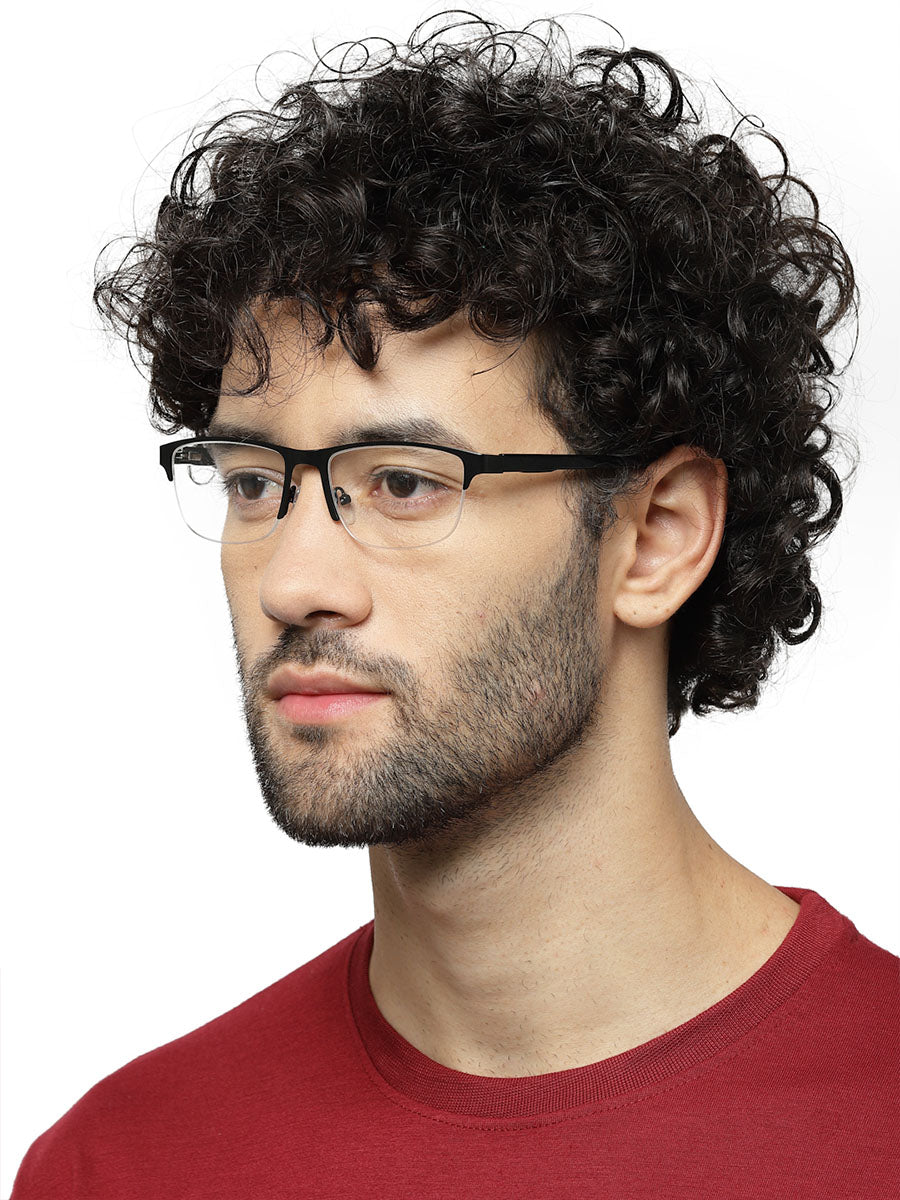 Half Rim Rectangle Thin Gloss Black Frame Glasses for Men