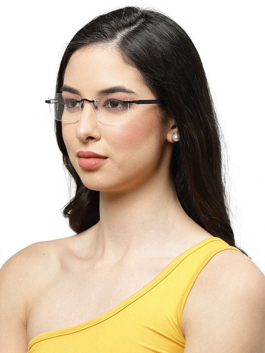 Unisex Rimless Black Rectangle Eyeglasses Frame