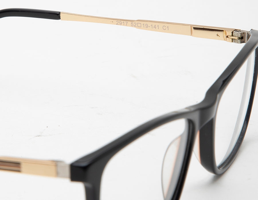 Black Rectangle Eyeglasses Acetate Frame with Gold Metal Temple for Men & Women