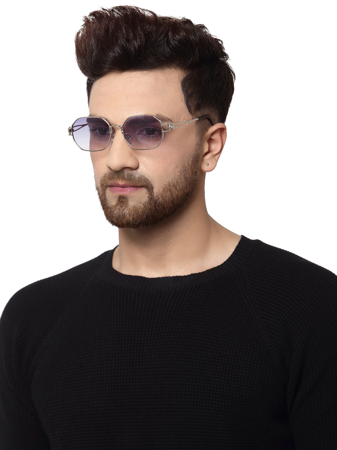 Gradient Blue Hexagon Silver Frame UV Sunglasses with for Men