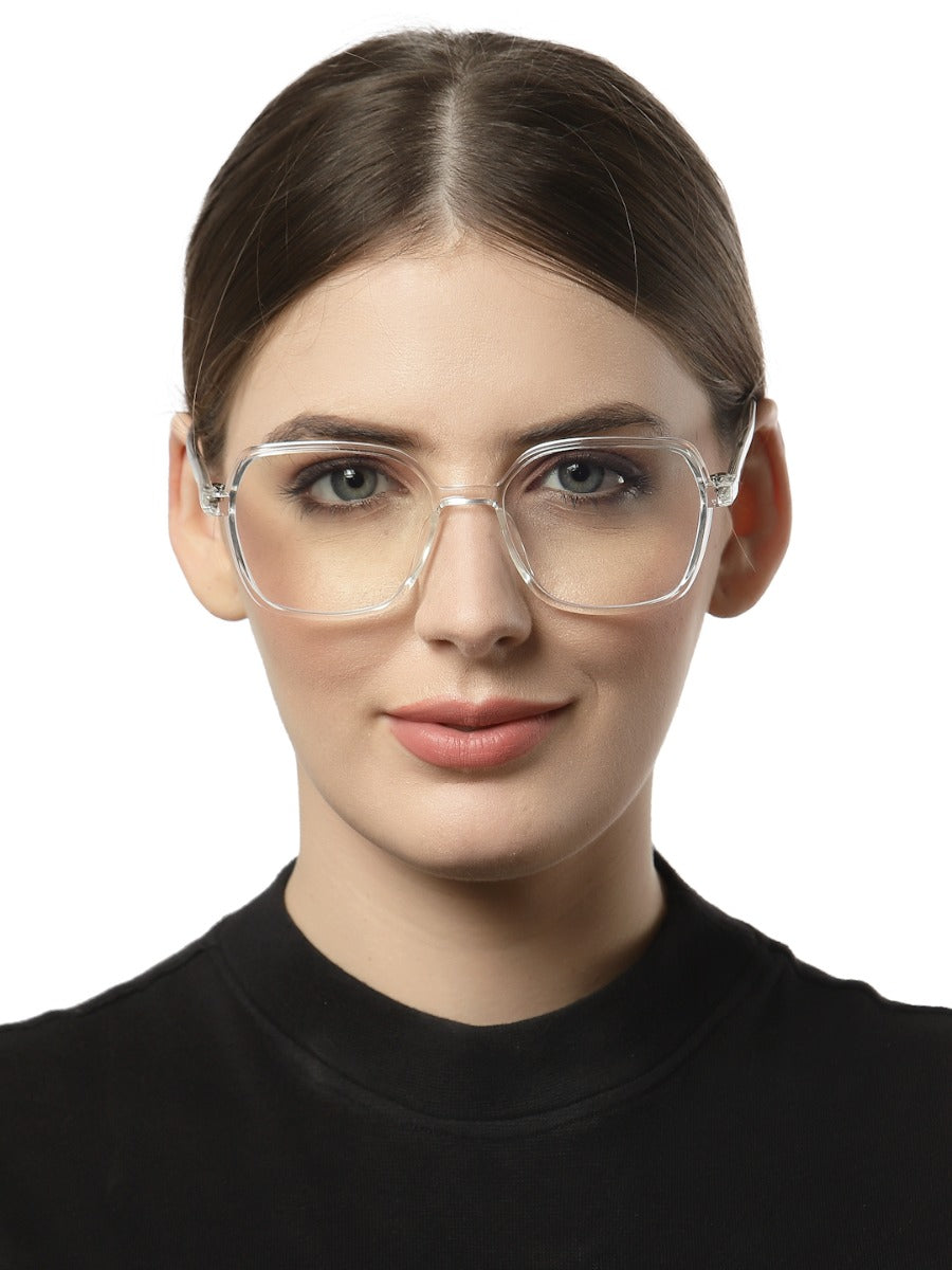 Computer Specs Zero Power in White Transparent Full Rim with Square Shape Acetate Frame for Women