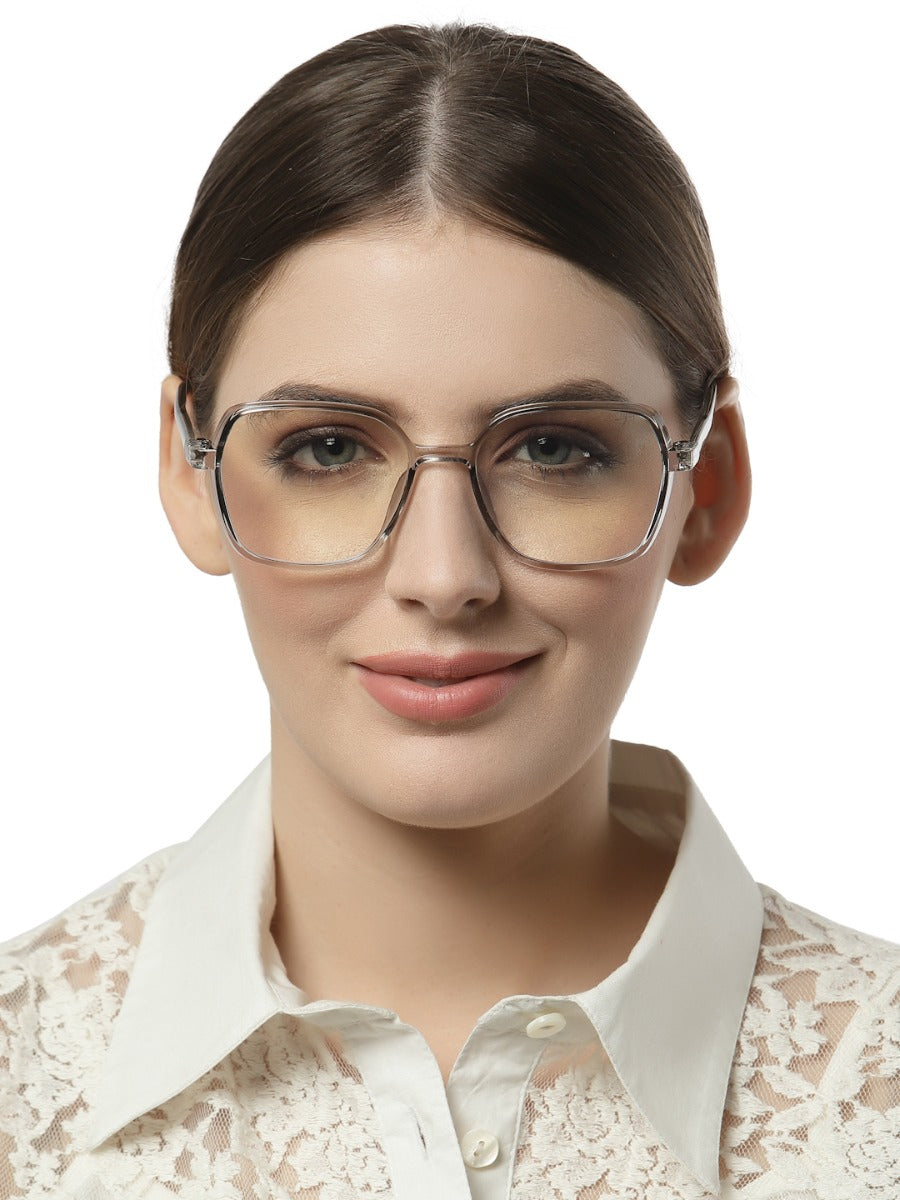 Computer Specs Zero Power in Grey Transparent Full Rim with Square Shape Acetate Frame for Women