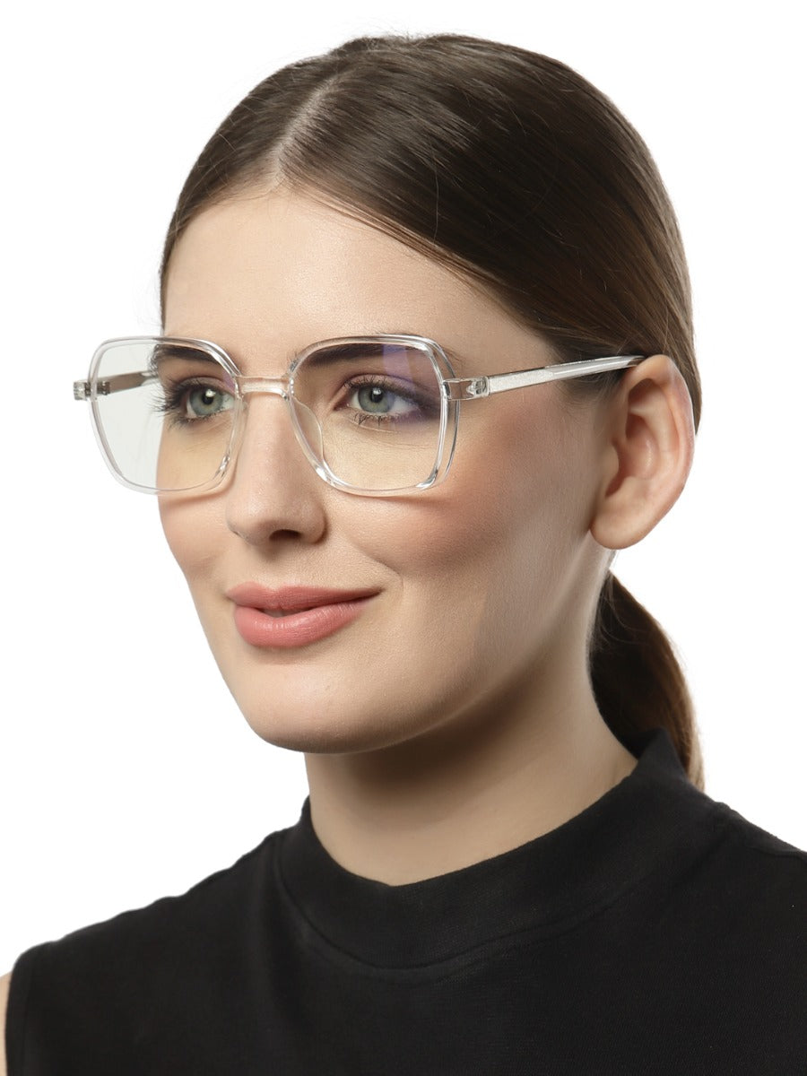 Computer Specs Zero Power in White Transparent Full Rim with Square Shape Acetate Frame for Women