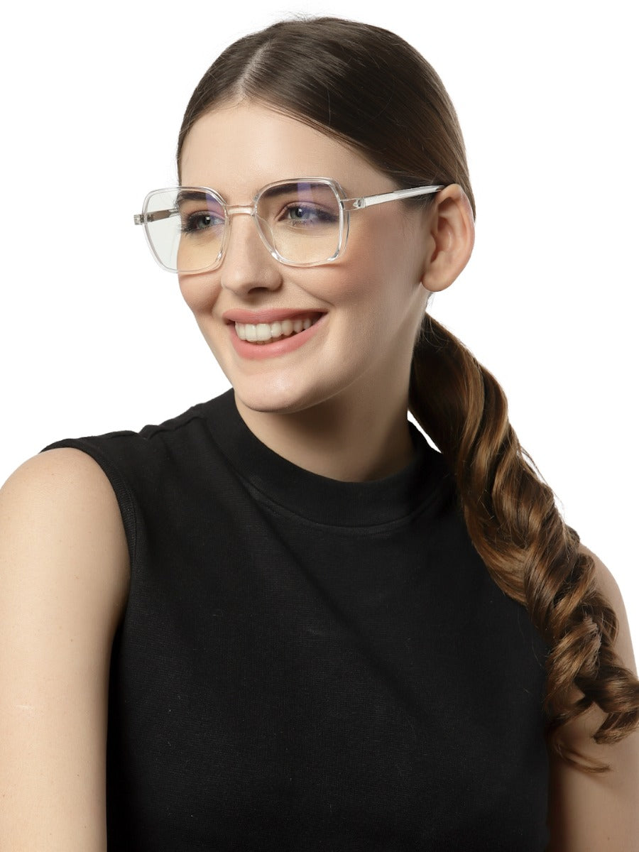 Computer Specs Zero Power in White Transparent Full Rim with Square Shape Acetate Frame for Women