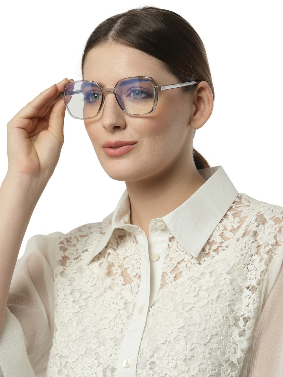 Computer Specs Zero Power in Grey Transparent Full Rim with Square Shape Acetate Frame for Women