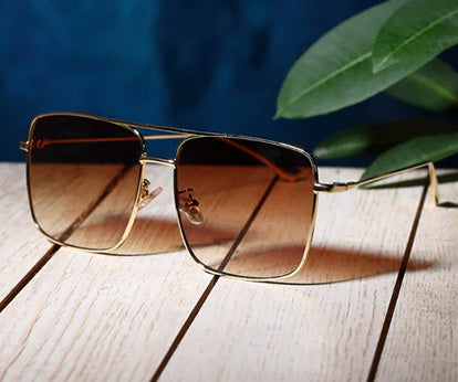 Gradual Brown Square Shaped Golden Frame UV Sunglass for Men & Women