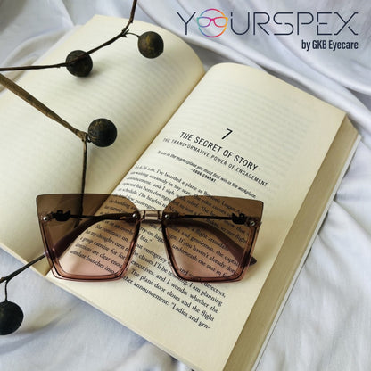 Dark Brown Pink Square Half-Rim Acetate Frame Sunglass for Women
