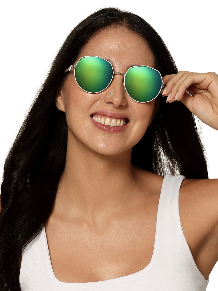 Blue-Green Mirrored Oval 400UV Protected Sunglasses For Women