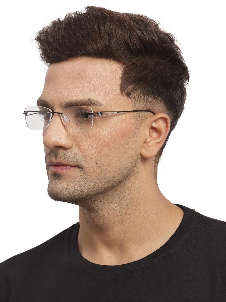 Black Rectangle Rimless Metal Frame for Men & Women