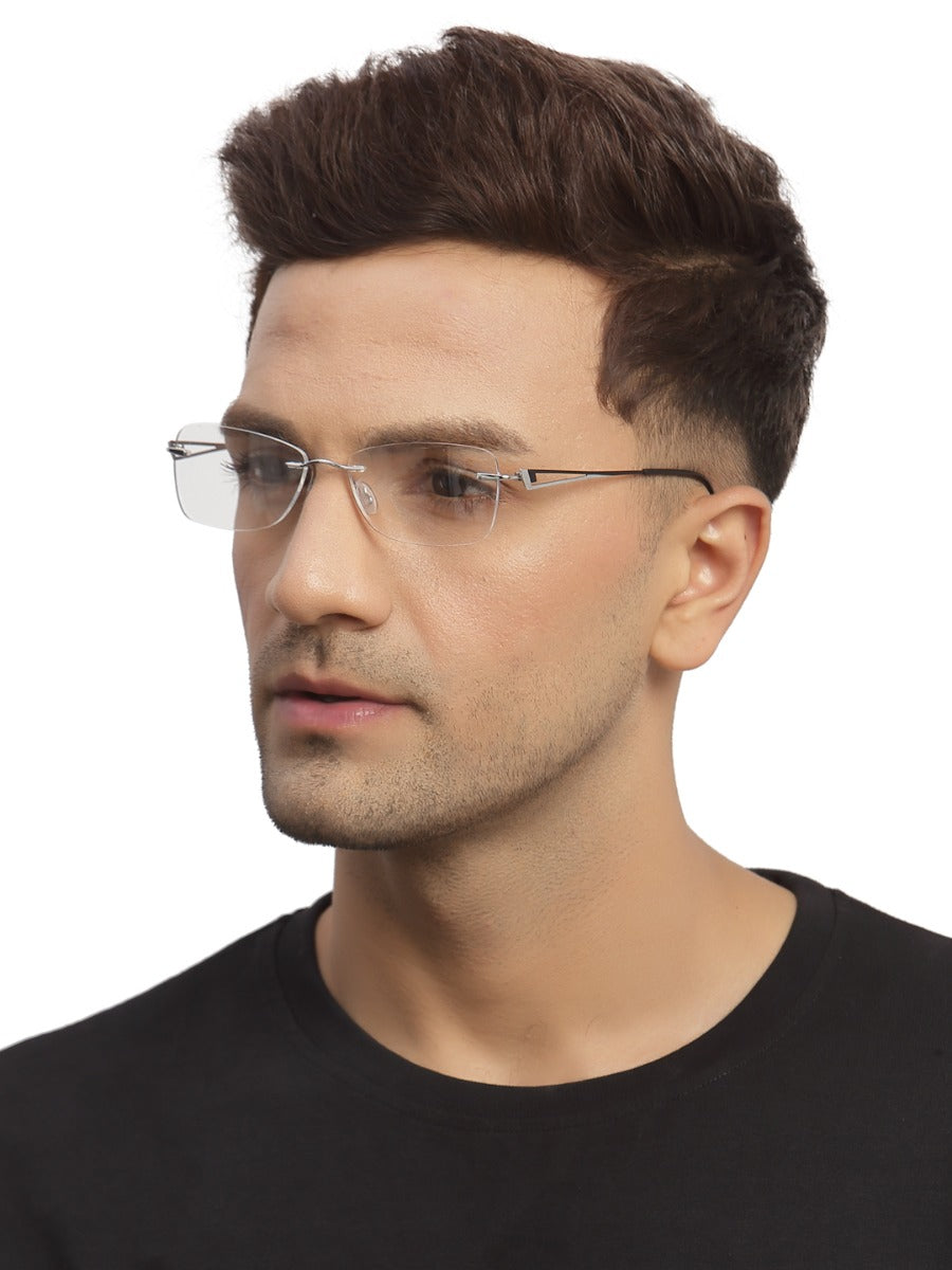 Silver Rectangle Rimless Metal Frame for Men & Women