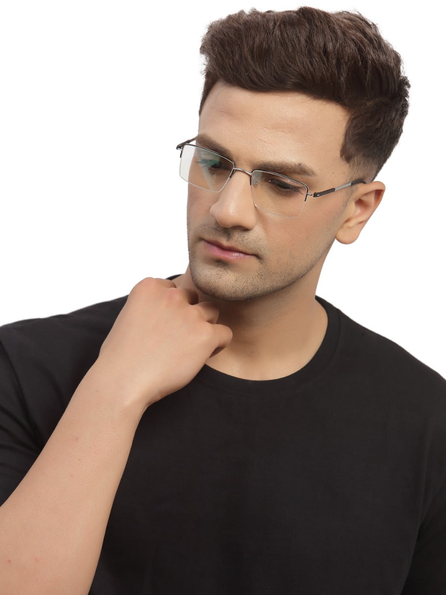 Black Silver Rectangle Half Rim Frame for Men