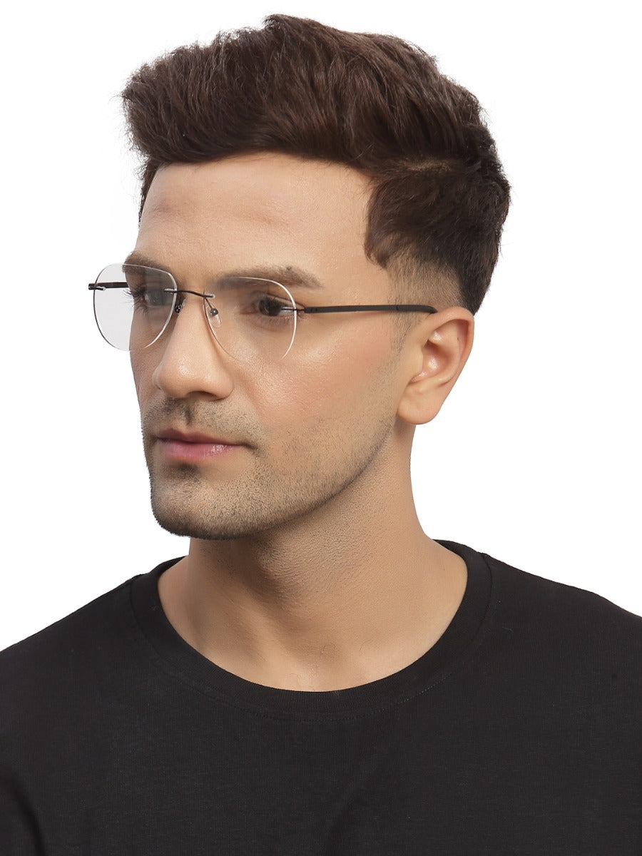 Black Aviator Rimless Metal Frame for Men Women